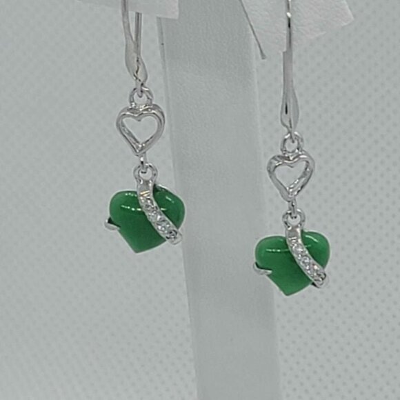 Sterling Silver 925 Heart Jade Earrings - Picture 3 of 5